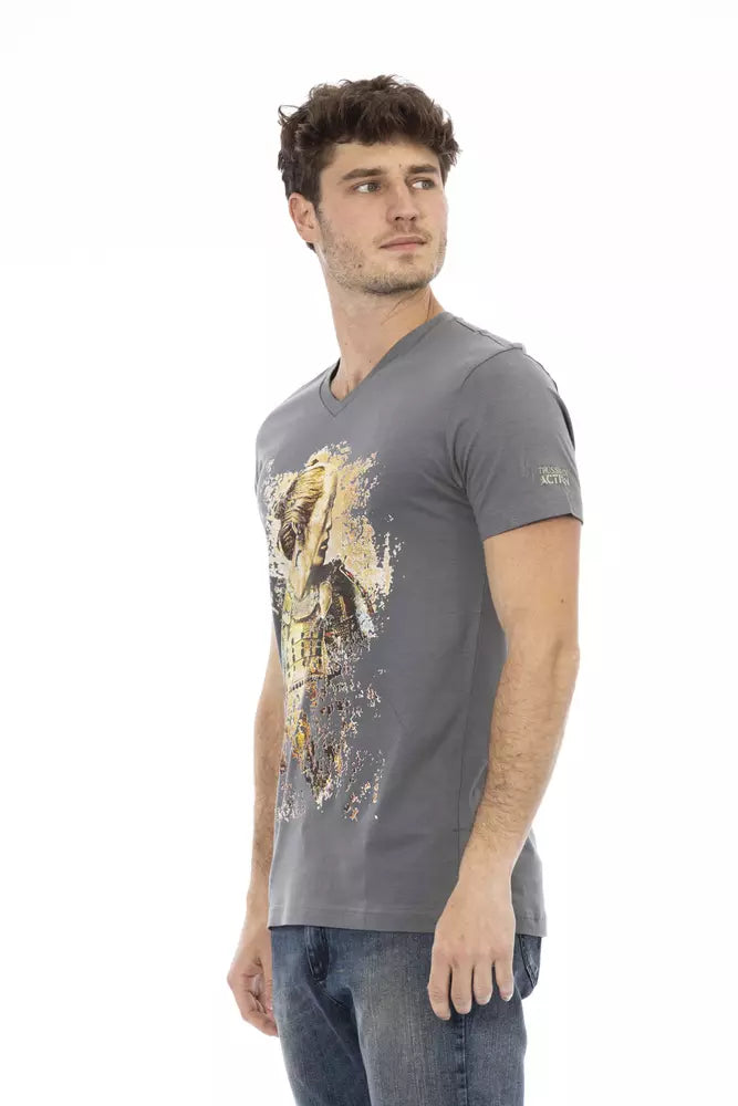 Trussardi Action Graues Herren-T-Shirt aus Baumwolle mit V-Ausschnitt