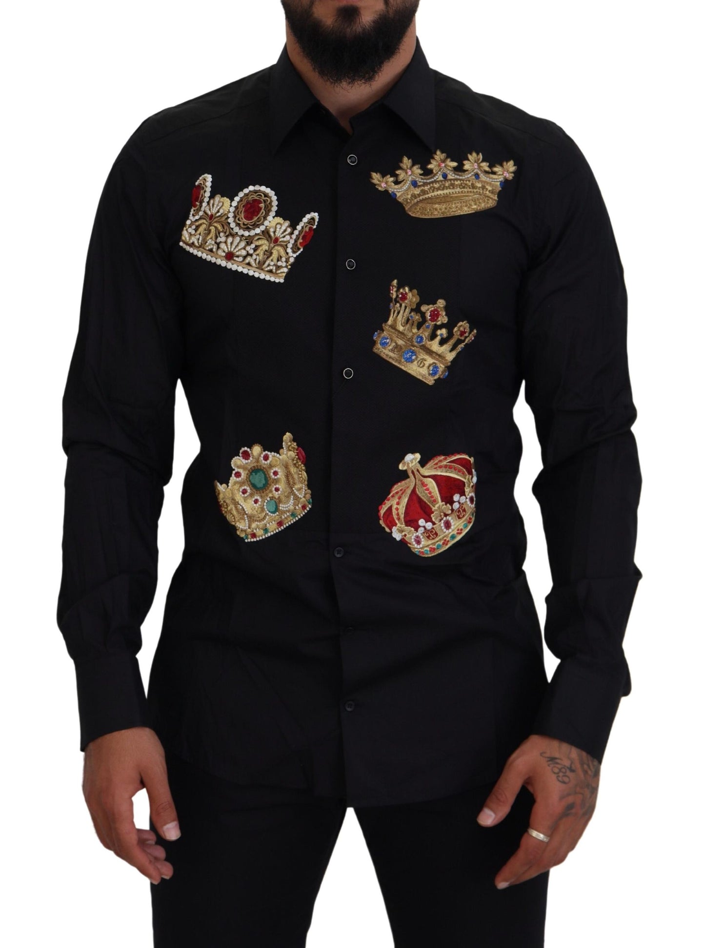 Dolce &amp; Gabbana – Slim Fit – Formelles Hemd mit schwarzer und goldener Krone