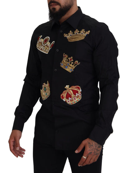 Dolce &amp; Gabbana – Slim Fit – Formelles Hemd mit schwarzer und goldener Krone