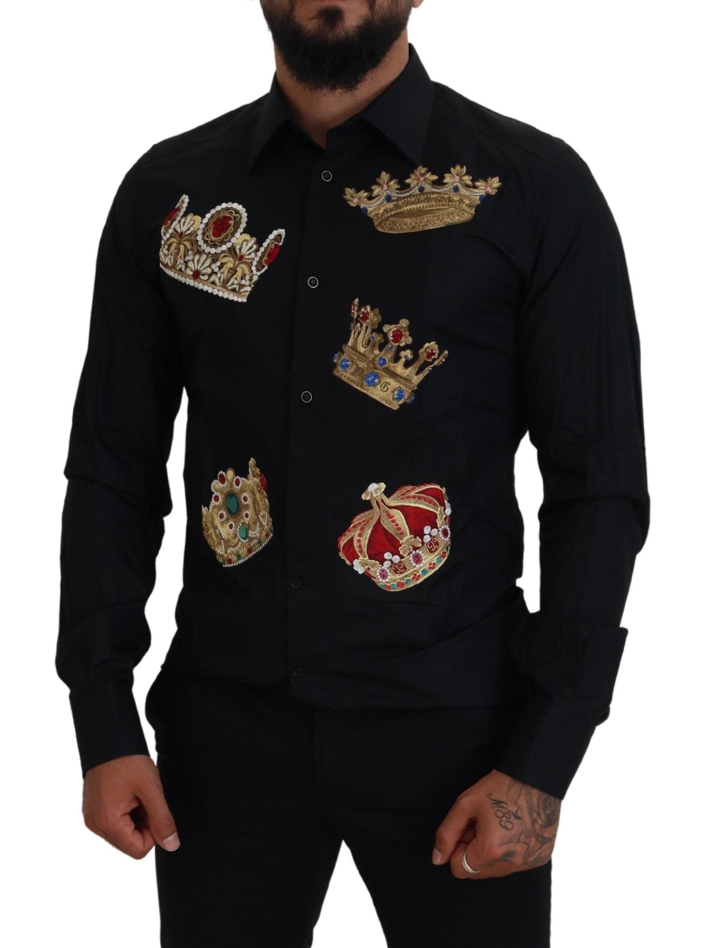 Dolce &amp; Gabbana – Slim Fit – Formelles Hemd mit schwarzer und goldener Krone