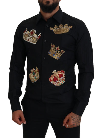 Dolce &amp; Gabbana – Slim Fit – Formelles Hemd mit schwarzer und goldener Krone