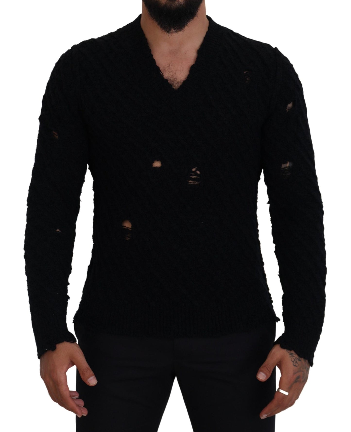 Dolce &amp; Gabbana Schwarzer Strickpullover aus Wolle mit V-Ausschnitt