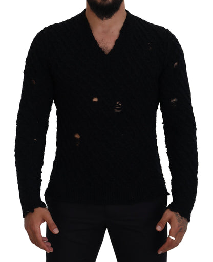 Dolce &amp; Gabbana Schwarzer Strickpullover aus Wolle mit V-Ausschnitt