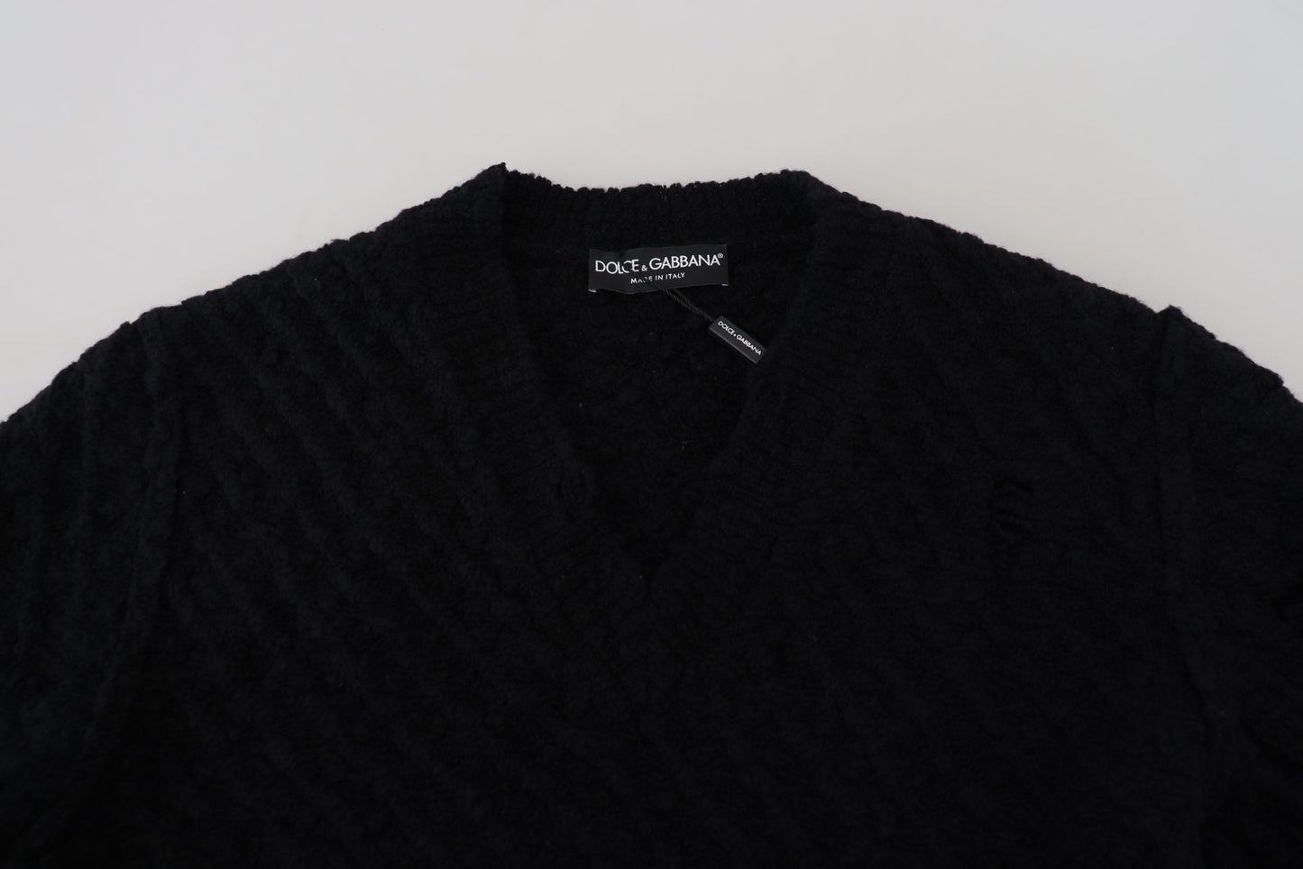 Dolce &amp; Gabbana Schwarzer Strickpullover aus Wolle mit V-Ausschnitt