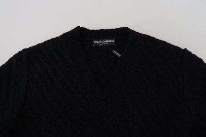 Dolce &amp; Gabbana Schwarzer Strickpullover aus Wolle mit V-Ausschnitt