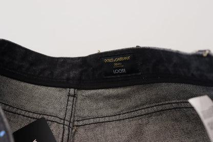 Dolce &amp; Gabbana – Schwarze, zerfetzte Jeans aus Denim mit mehrfarbigem Print