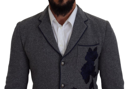 Dolce &amp; Gabbana – Slim Fit-Jackenblazer aus grauer Wolle mit Rosen