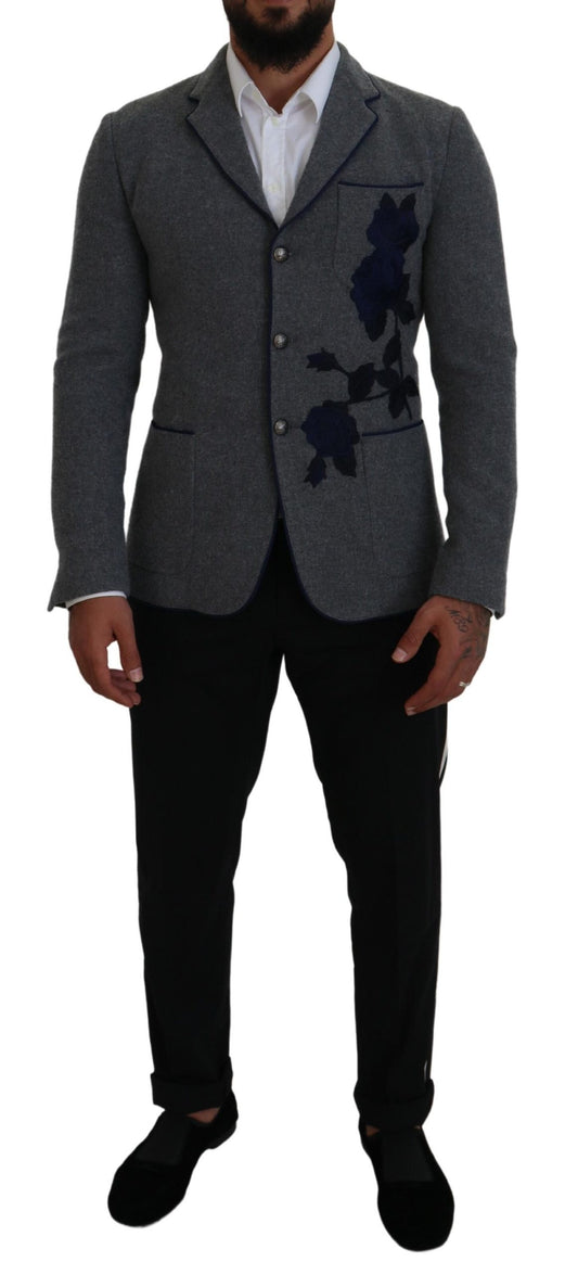 Dolce &amp; Gabbana – Slim Fit-Jackenblazer aus grauer Wolle mit Rosen