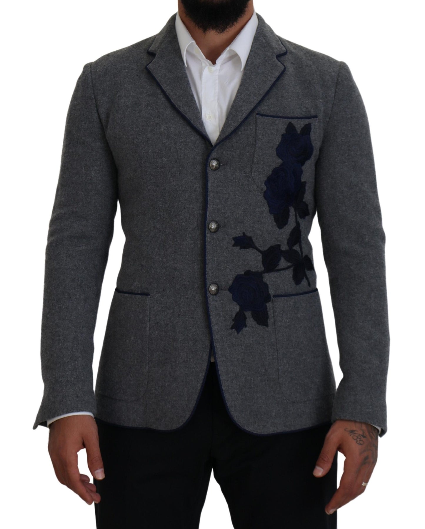 Dolce &amp; Gabbana – Slim Fit-Jackenblazer aus grauer Wolle mit Rosen