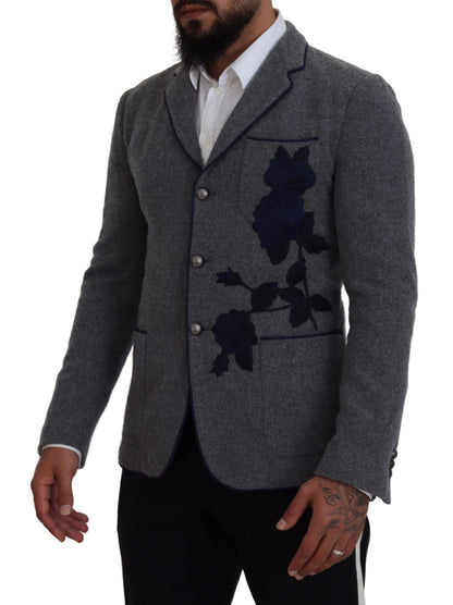 Dolce &amp; Gabbana – Slim Fit-Jackenblazer aus grauer Wolle mit Rosen