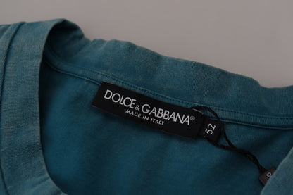 Dolce &amp; Gabbana – Blaues Baumwoll-T-Shirt mit Rundhalsausschnitt und Logo-Print
