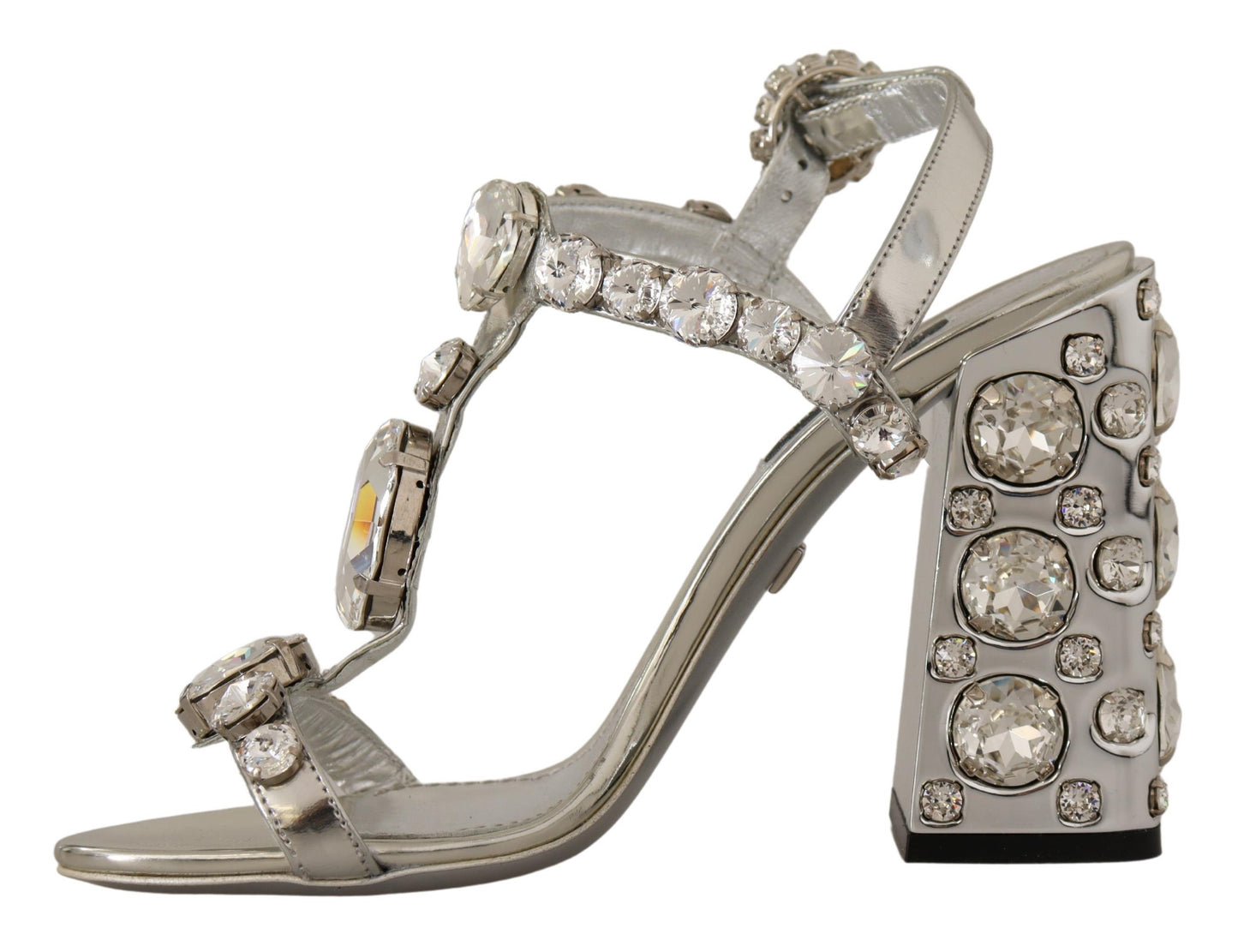 Dolce &amp; Gabbana – High Heel-Sandalen mit Riemenschnalle und silbernen Kristallen