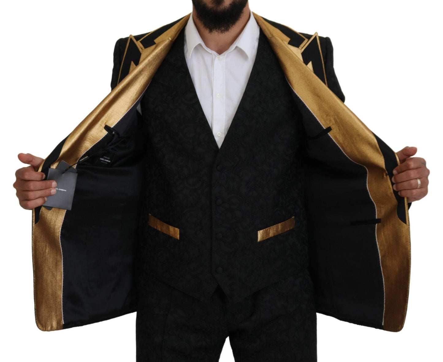 Dolce &amp; Gabbana – Schwarz-goldener Fantasy-Smokinganzug in schmaler Passform