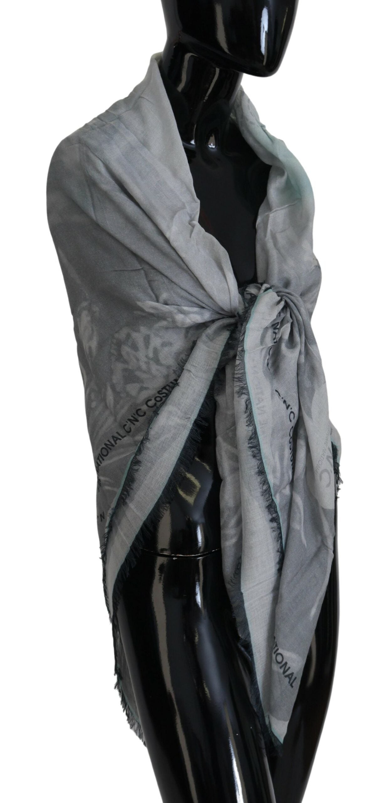 Costume National Schal mit grauem Aufdruck, Foulard und Fransen