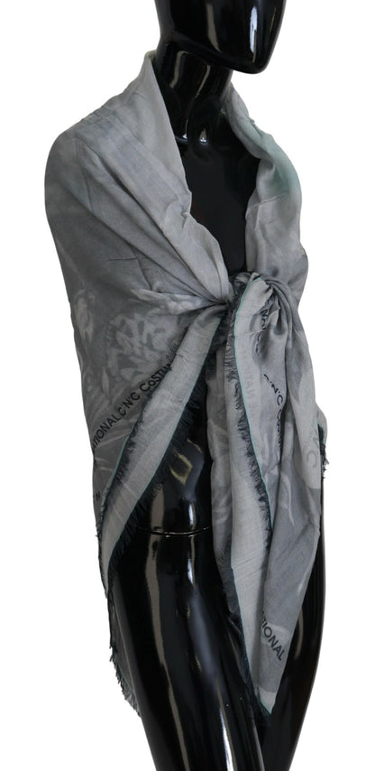 Costume National Schal mit grauem Aufdruck, Foulard und Fransen