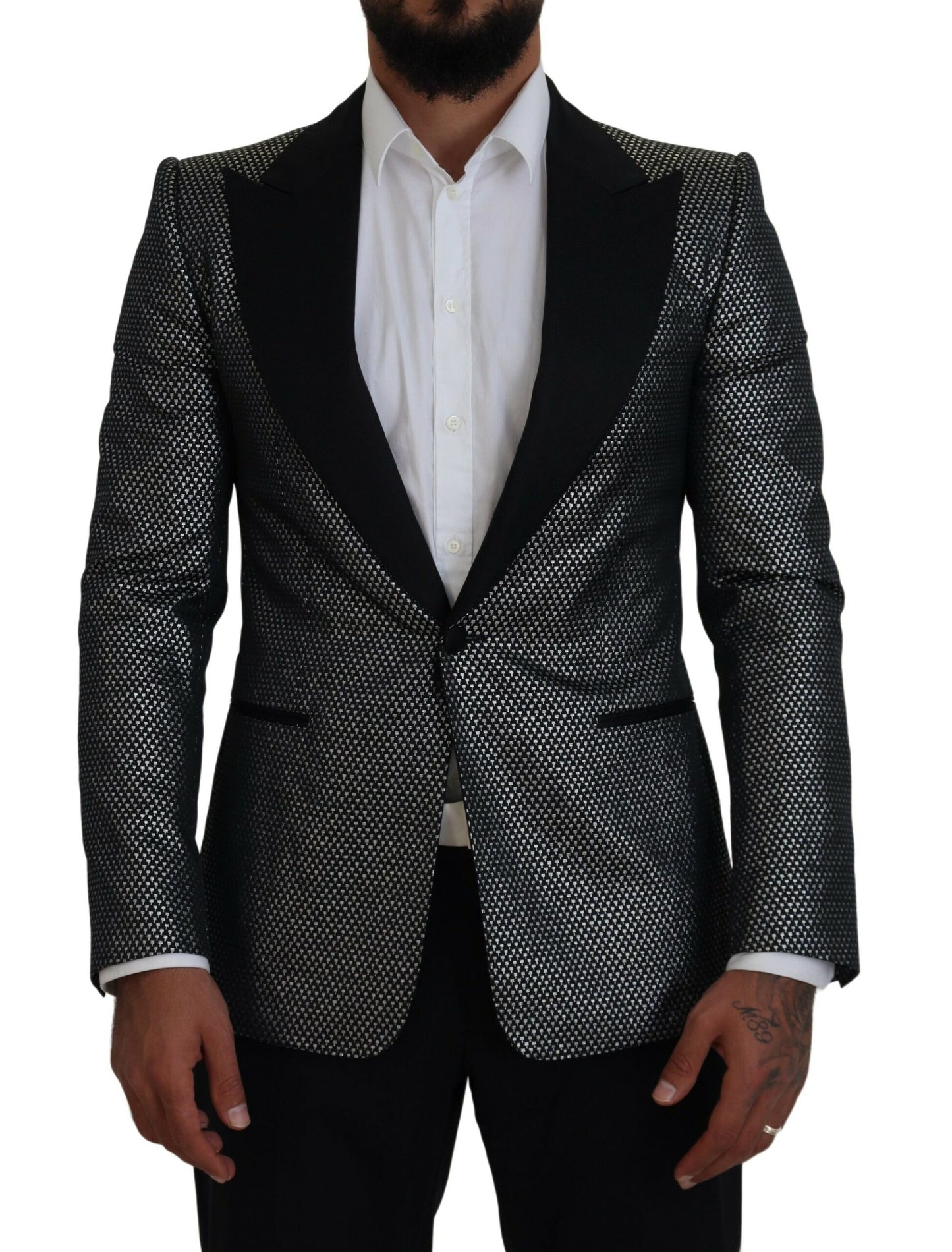 Dolce &amp; Gabbana – Slim Fit-Jackenblazer aus Jacquard in Schwarz und Silber