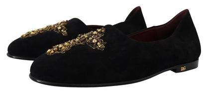 Dolce &amp; Gabbana – Slipper aus schwarzem Wildleder mit goldenem Kreuz
