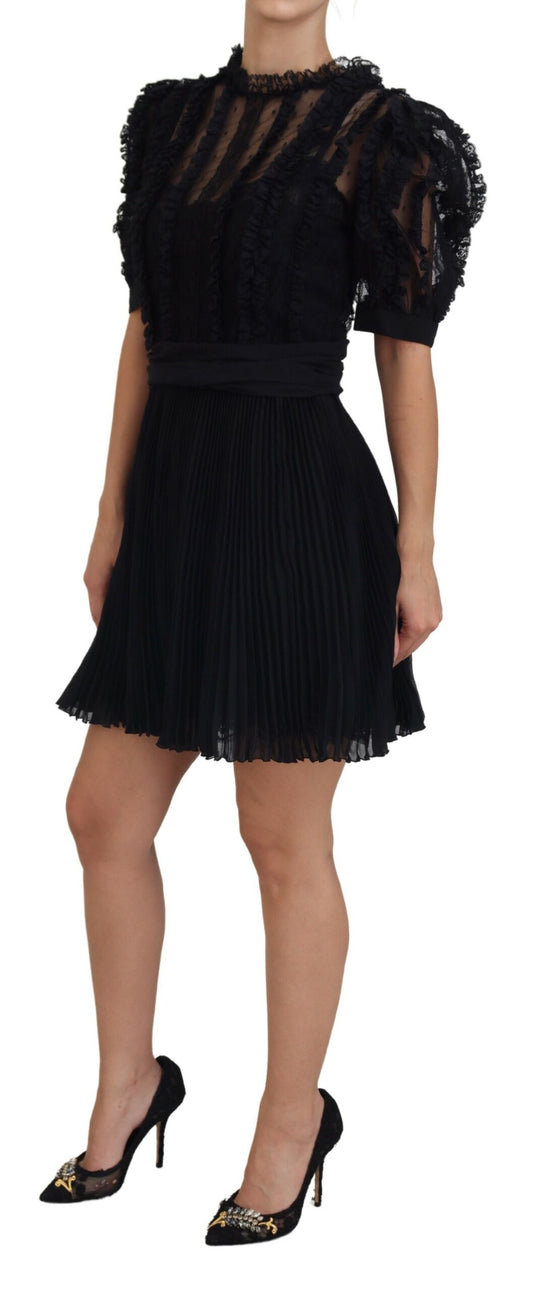 Dolce & Gabbana Black Lace Trim A-line Mini Nylon Dress