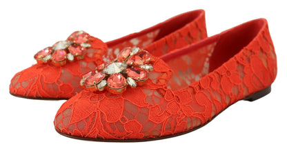 Dolce &amp; Gabbana – Rote Taormina-Ballerinas mit Spitzenkristallen