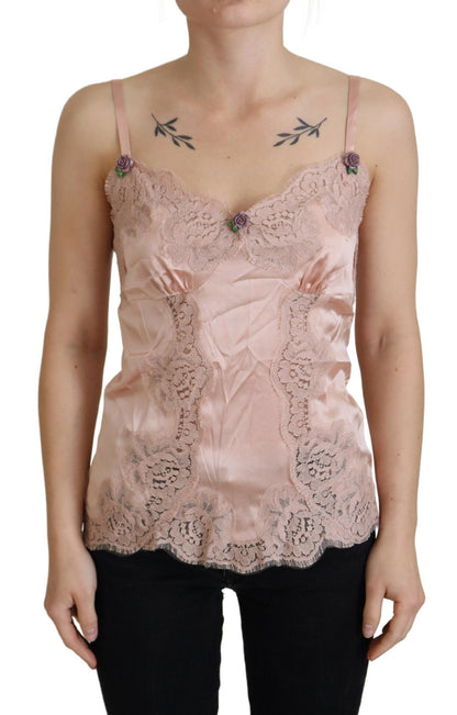 Dolce &amp; Gabbana – Tanktop mit rosa Satinspitze und Rosen