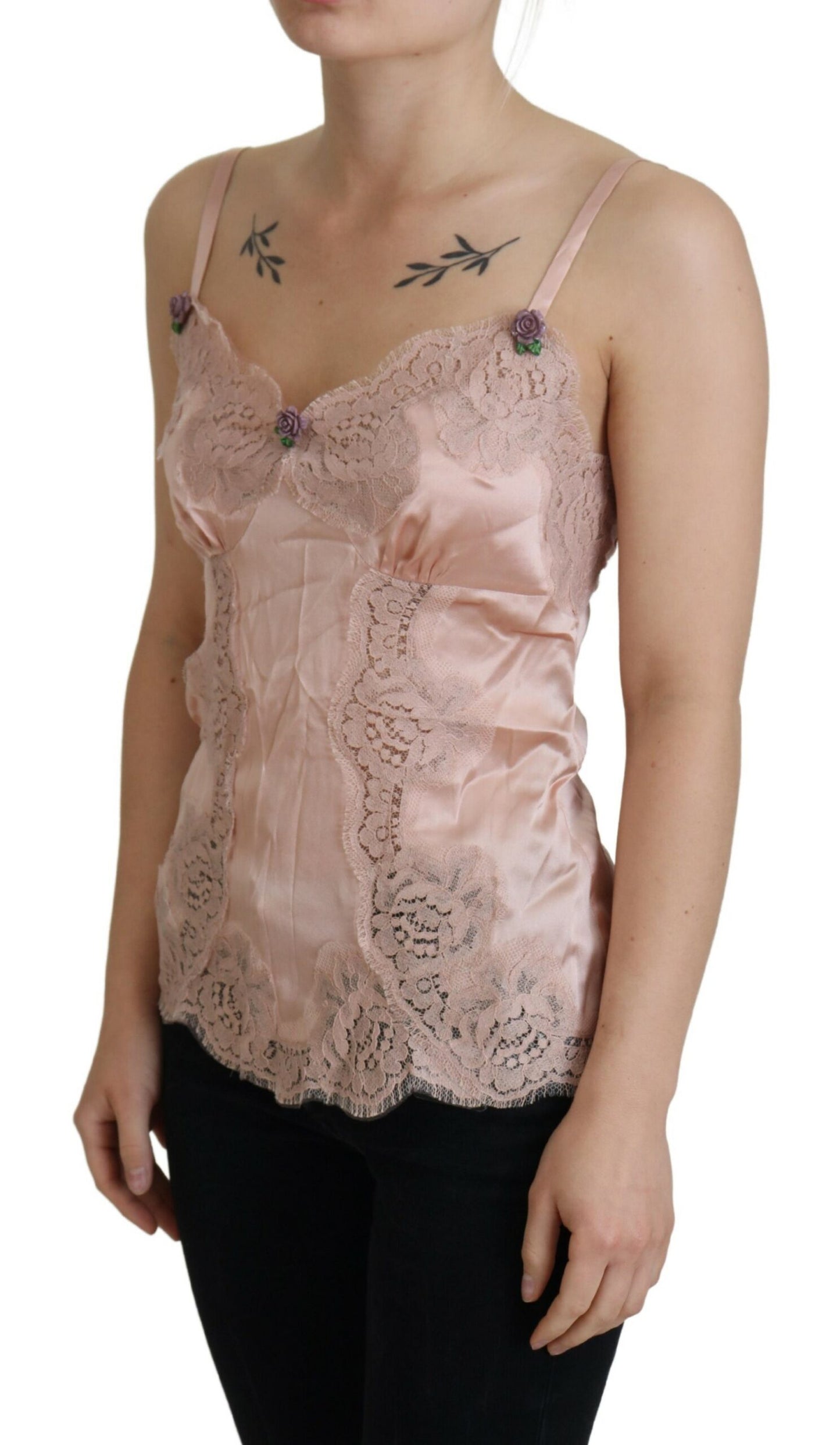 Dolce &amp; Gabbana – Tanktop mit rosa Satinspitze und Rosen
