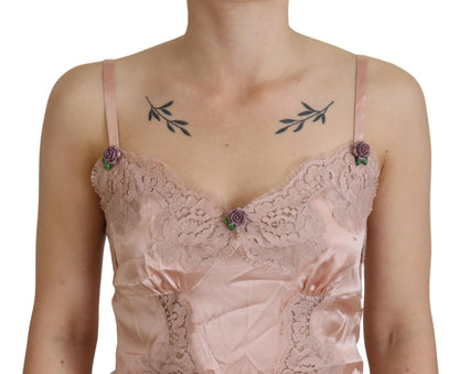 Dolce &amp; Gabbana – Tanktop mit rosa Satinspitze und Rosen