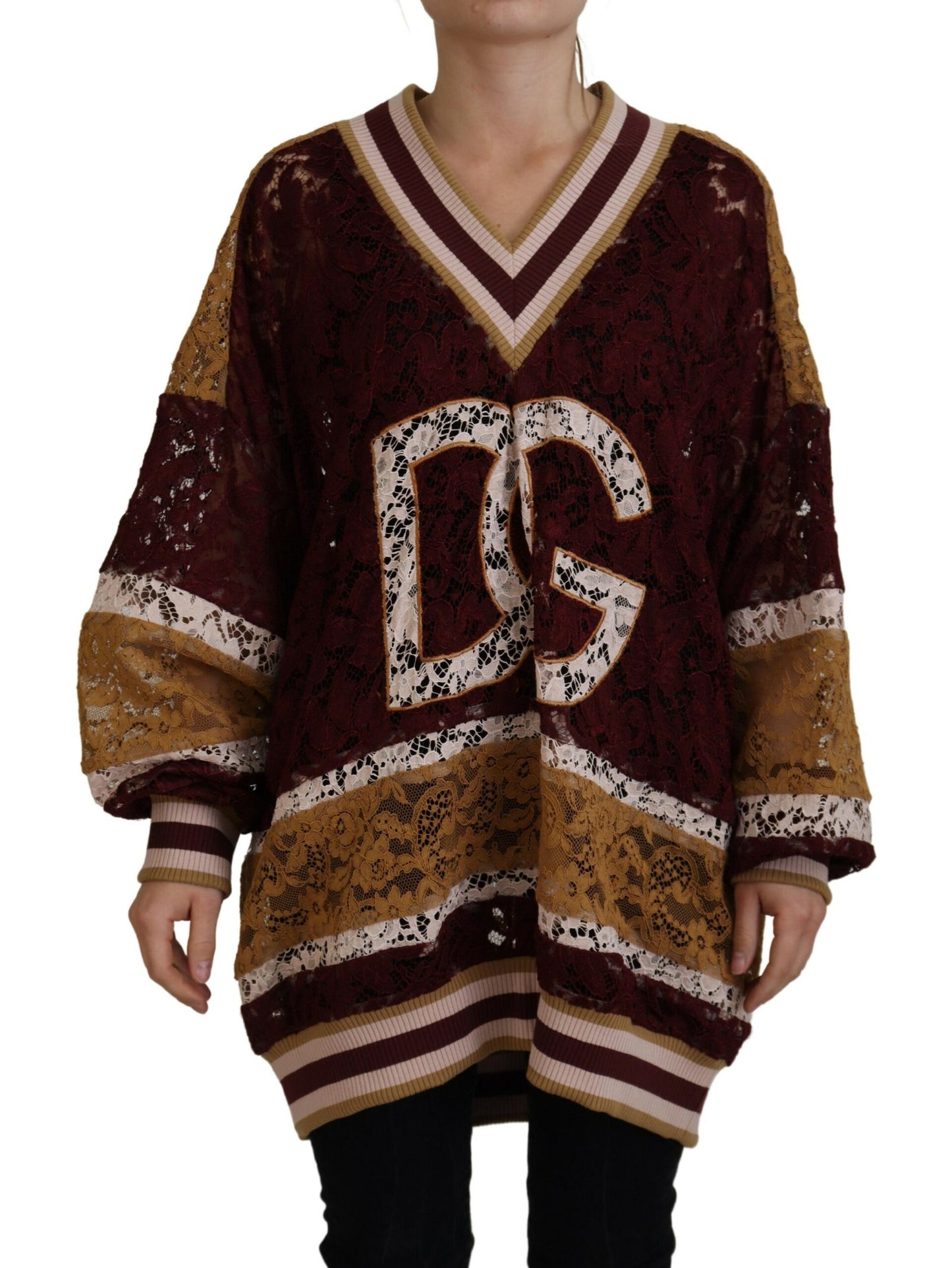 Dolce &amp; Gabbana Mehrfarbiger Pullover mit V-Ausschnitt aus Spitze