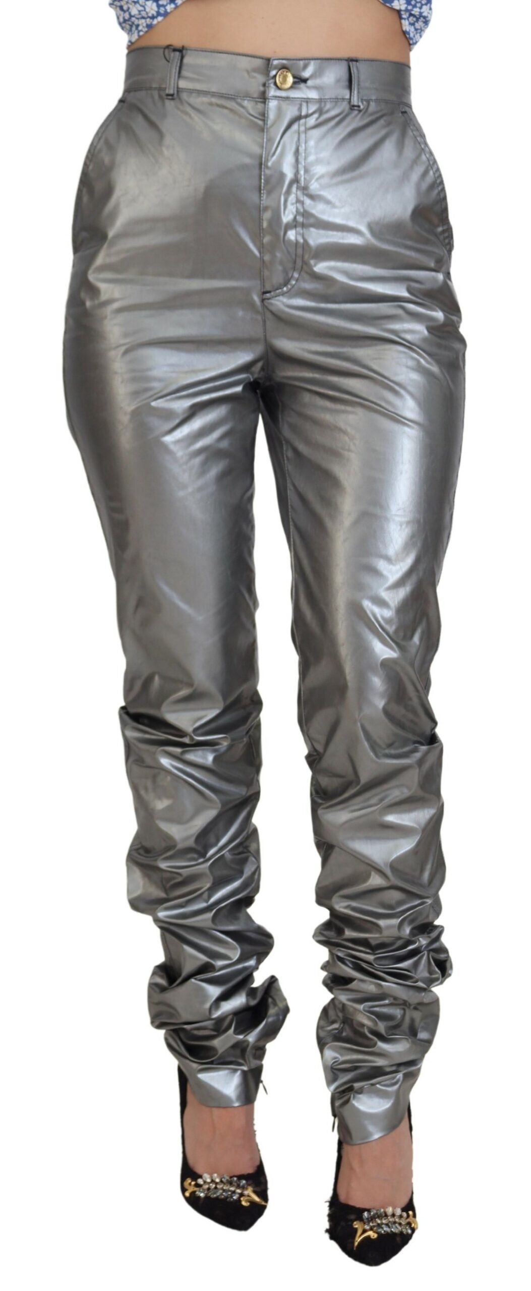 Dolce &amp; Gabbana – Enge Hose mit hoher Taille in Metallic-Silber