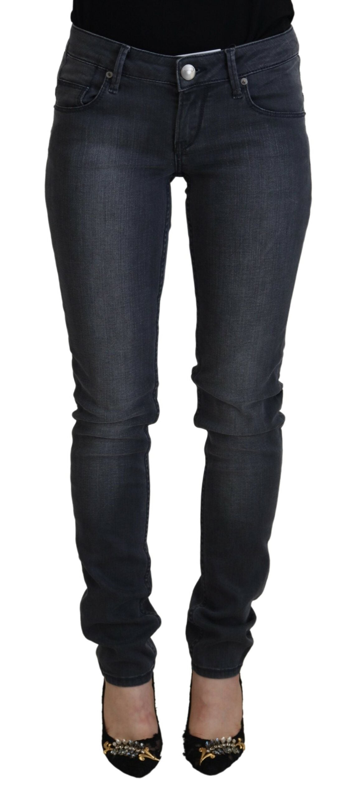 Acht Graue Skinny-Jeans aus Baumwolle mit niedriger Taille für Damen