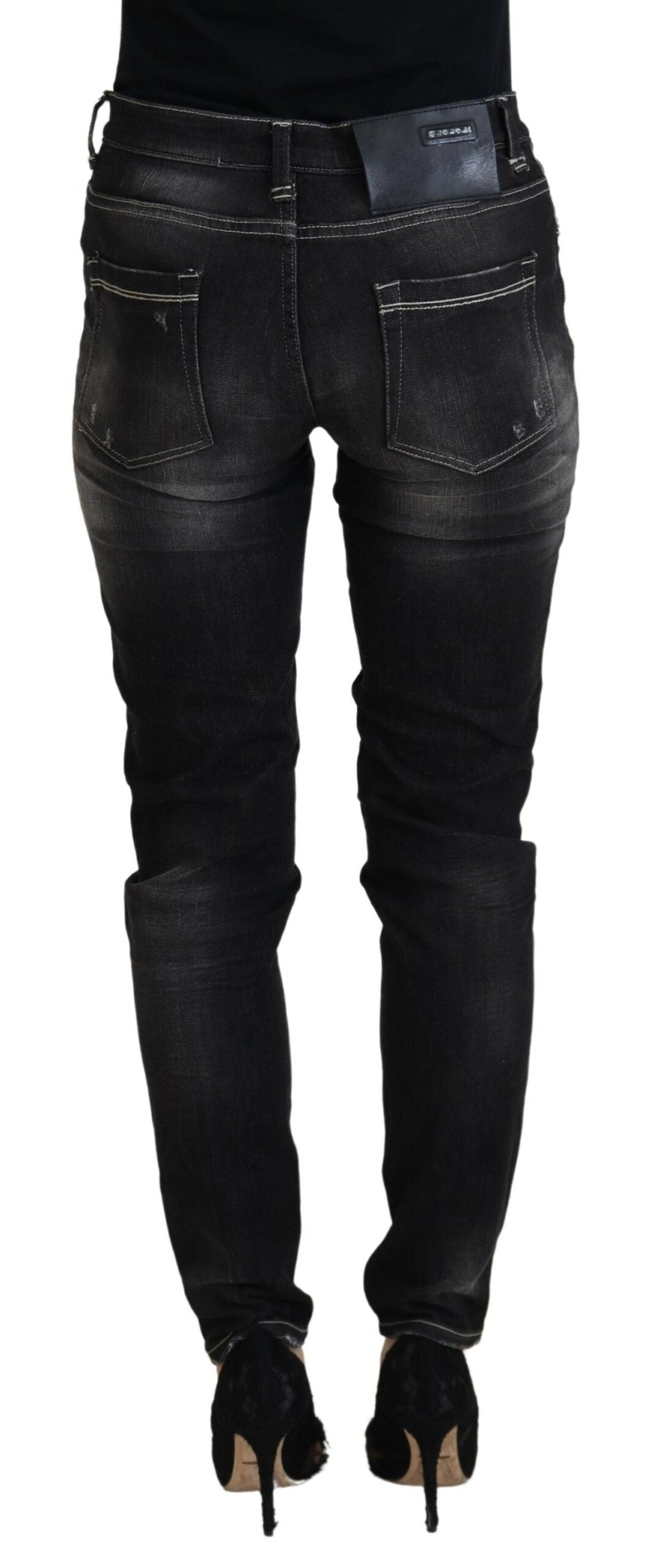 Acht Black Washed Mid Waist Tapered Damen Casual Denim Jeans