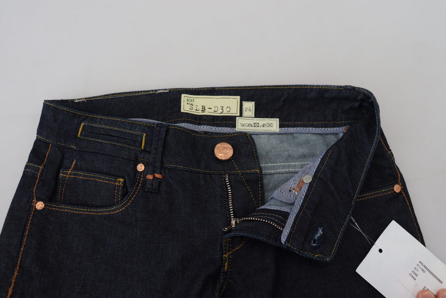 Acht Blaue, schmal geschnittene Damen-Jeans aus Baumwolle mit niedriger Taille
