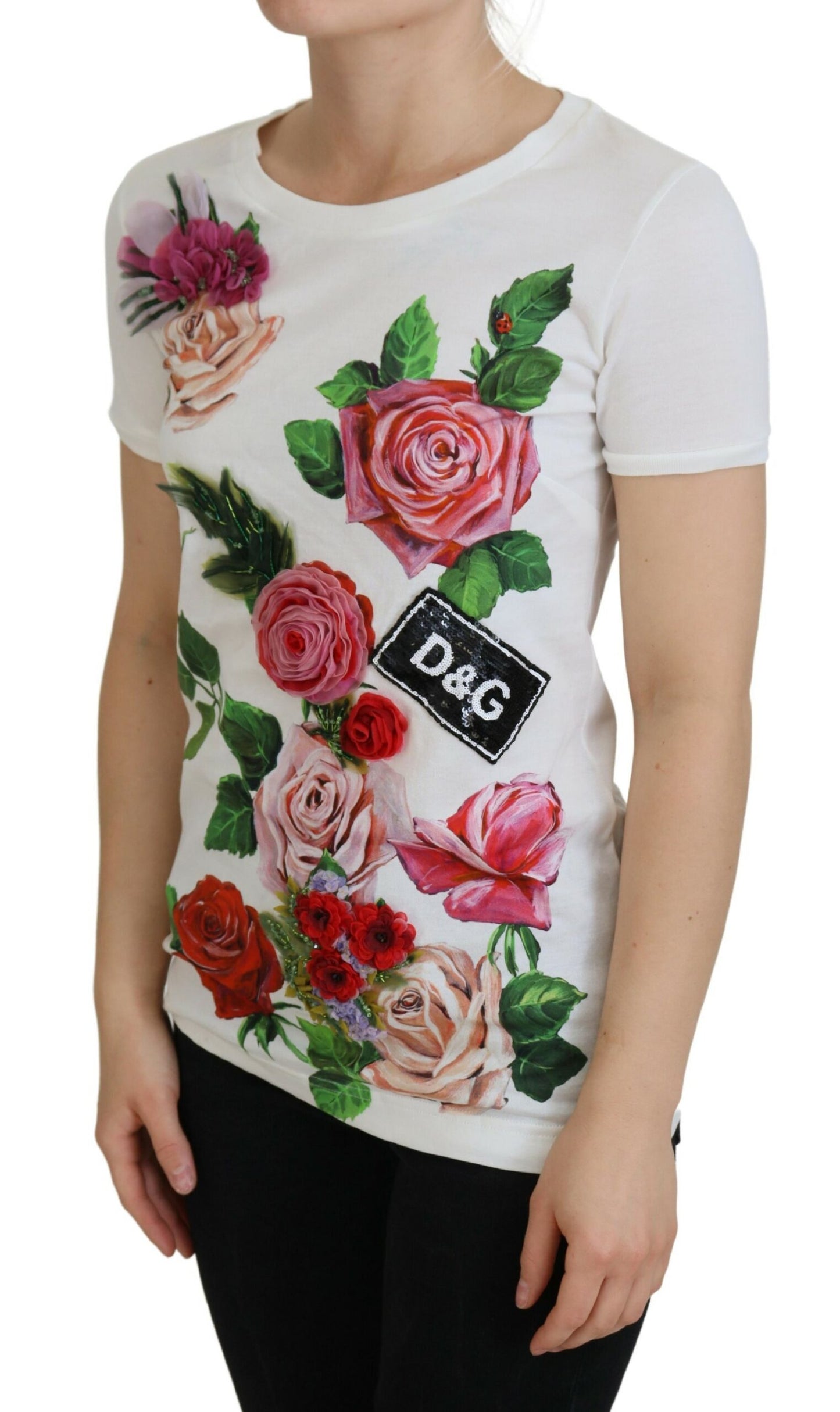 Dolce &amp; Gabbana – Kurzärmliges Oberteil mit weißem Rosen-DG-Logo-Print