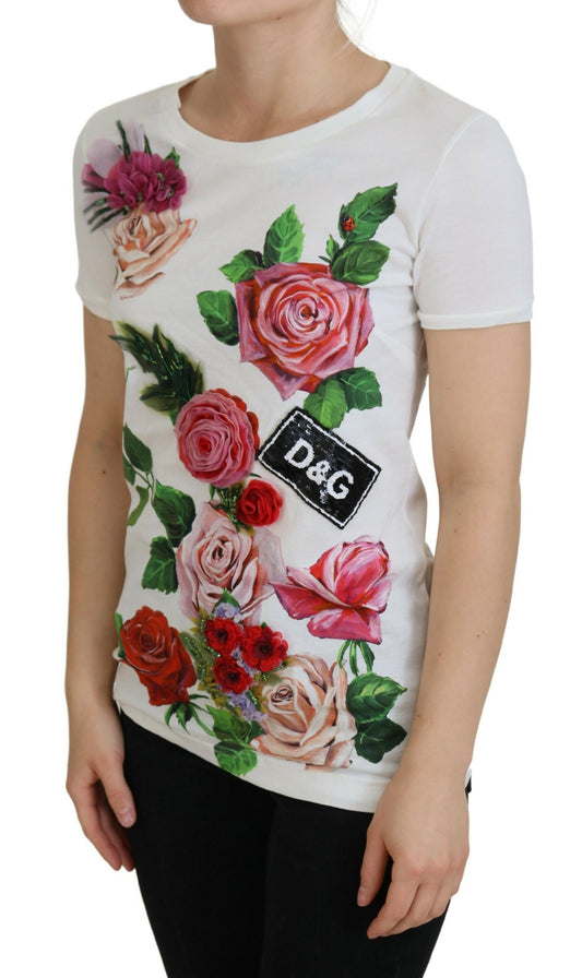 Dolce &amp; Gabbana – Kurzärmliges Oberteil mit weißem Rosen-DG-Logo-Print