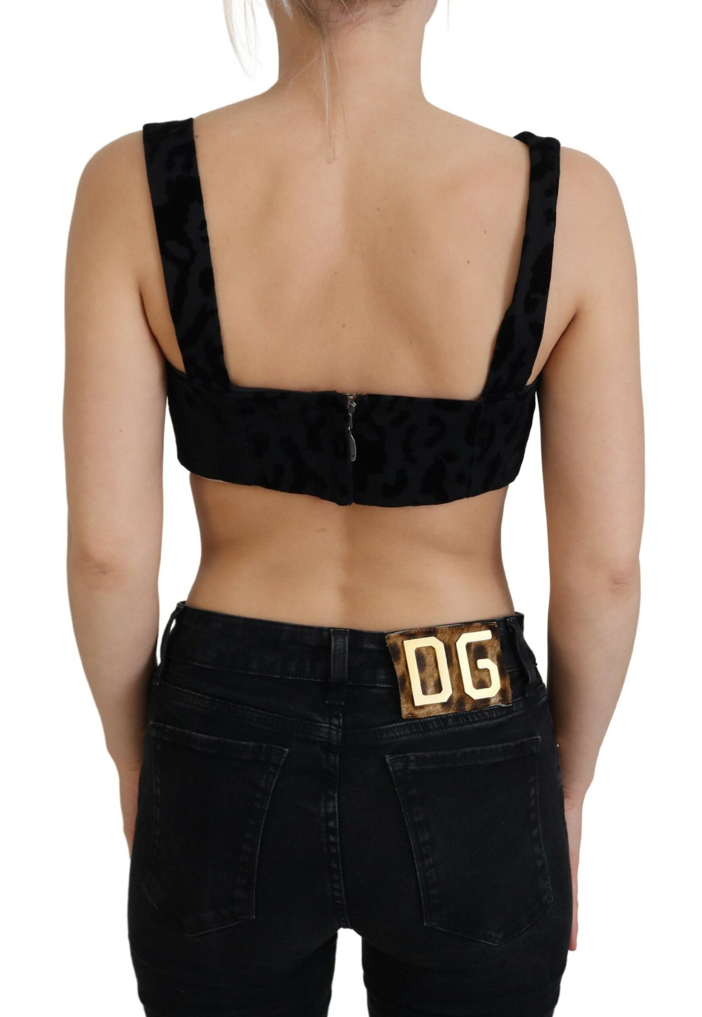 Dolce &amp; Gabbana – Schwarzes, kurzes Bustier-Korsett-BH-Oberteil mit Leopardenmuster