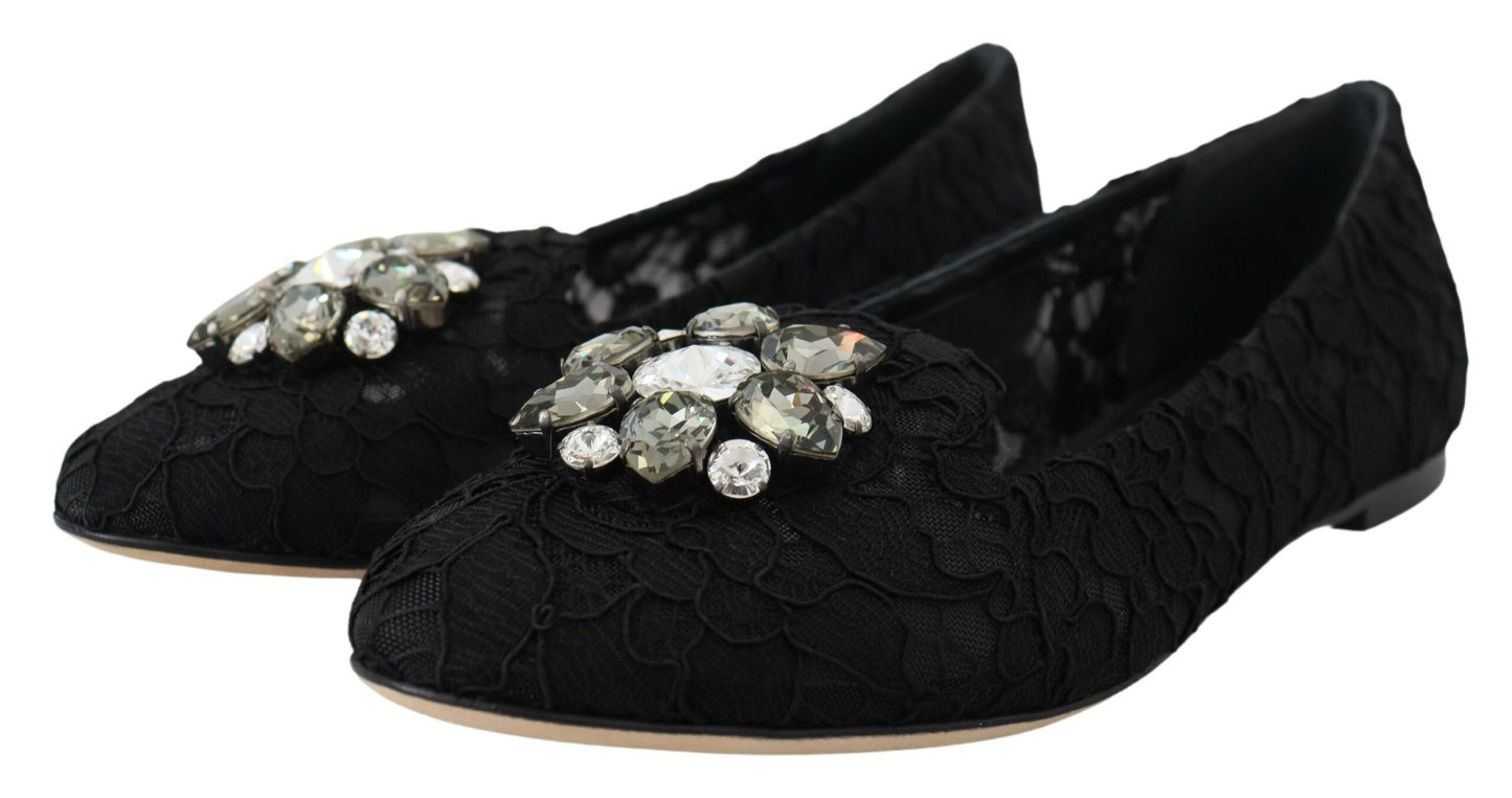 Dolce &amp; Gabbana – Schwarze Taormina-Ballerinas mit Spitzen und Kristallen