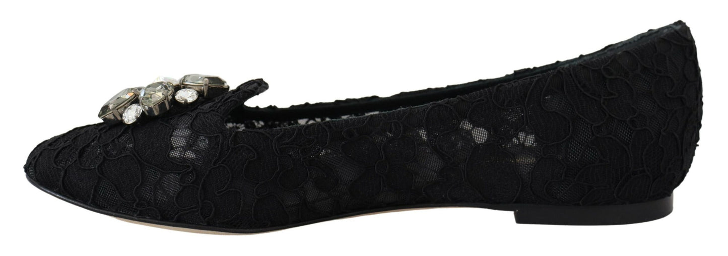 Dolce &amp; Gabbana – Schwarze Taormina-Ballerinas mit Spitzen und Kristallen