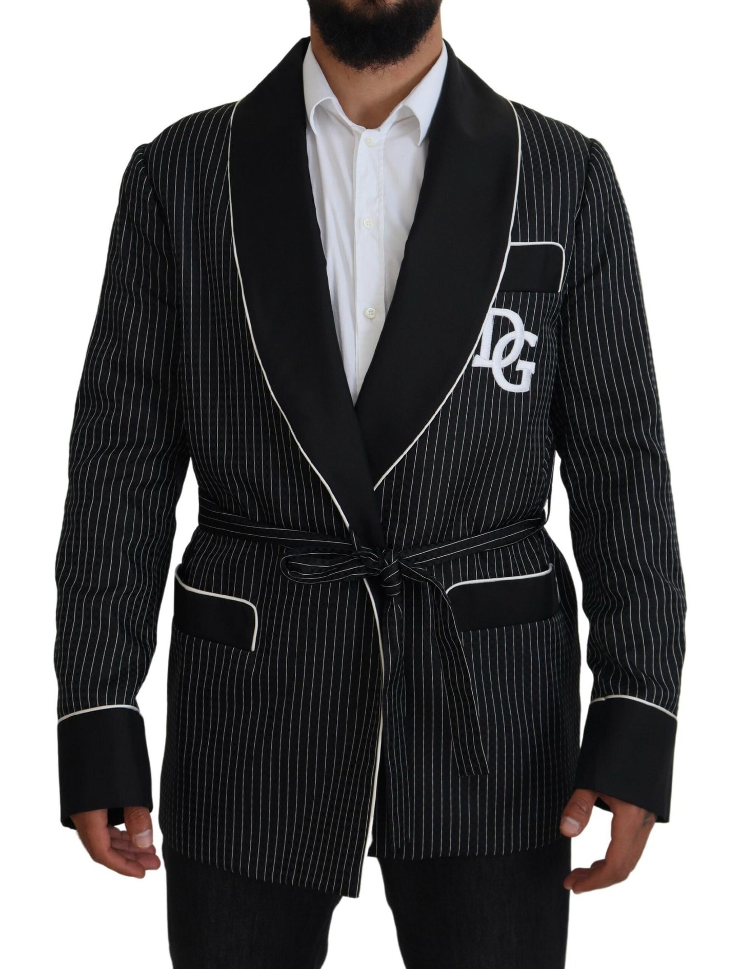 Dolce &amp; Gabbana Schwarze Robe Gestreifte DG Patch Jacke Herren Blazer