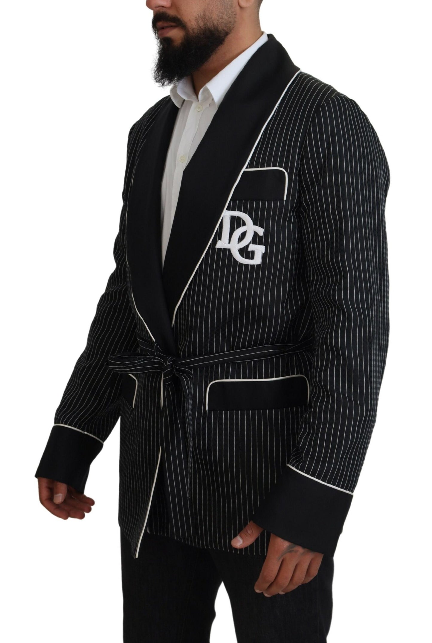 Dolce &amp; Gabbana Schwarze Robe Gestreifte DG Patch Jacke Herren Blazer