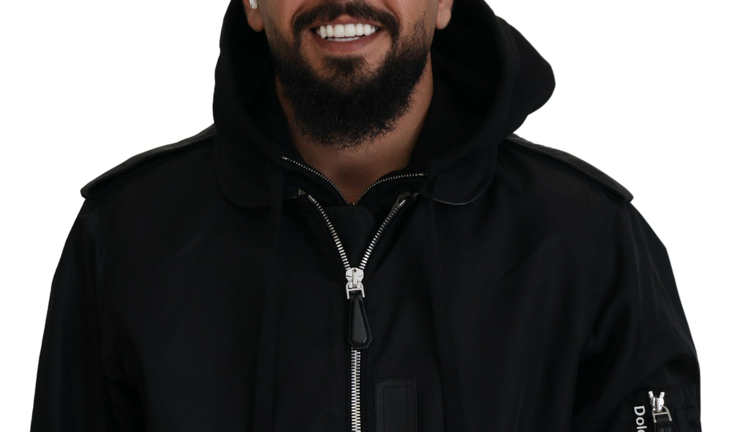 Dolce &amp; Gabbana – Schwarze Nylon-Manteljacke mit durchgehendem Reißverschluss und Kapuze