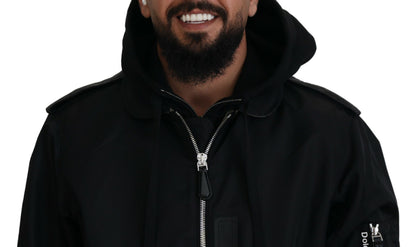 Dolce &amp; Gabbana – Schwarze Nylon-Manteljacke mit durchgehendem Reißverschluss und Kapuze