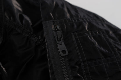 Dolce &amp; Gabbana – Schwarze Bomberjacke aus Nylon mit Kapuze und durchgehendem Reißverschluss