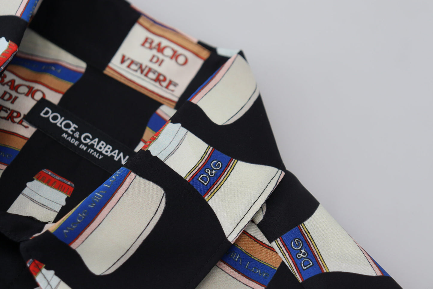 Dolce &amp; Gabbana – Schwarzes, bedrucktes Herren-Freizeithemd mit Kragen aus Seide