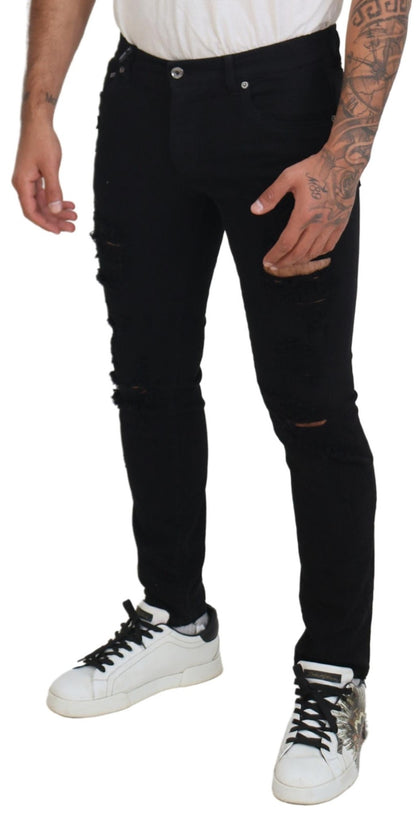 Dolce &amp; Gabbana – Schwarze Slim Fit-Jeans aus zerfetztem Baumwolldenim