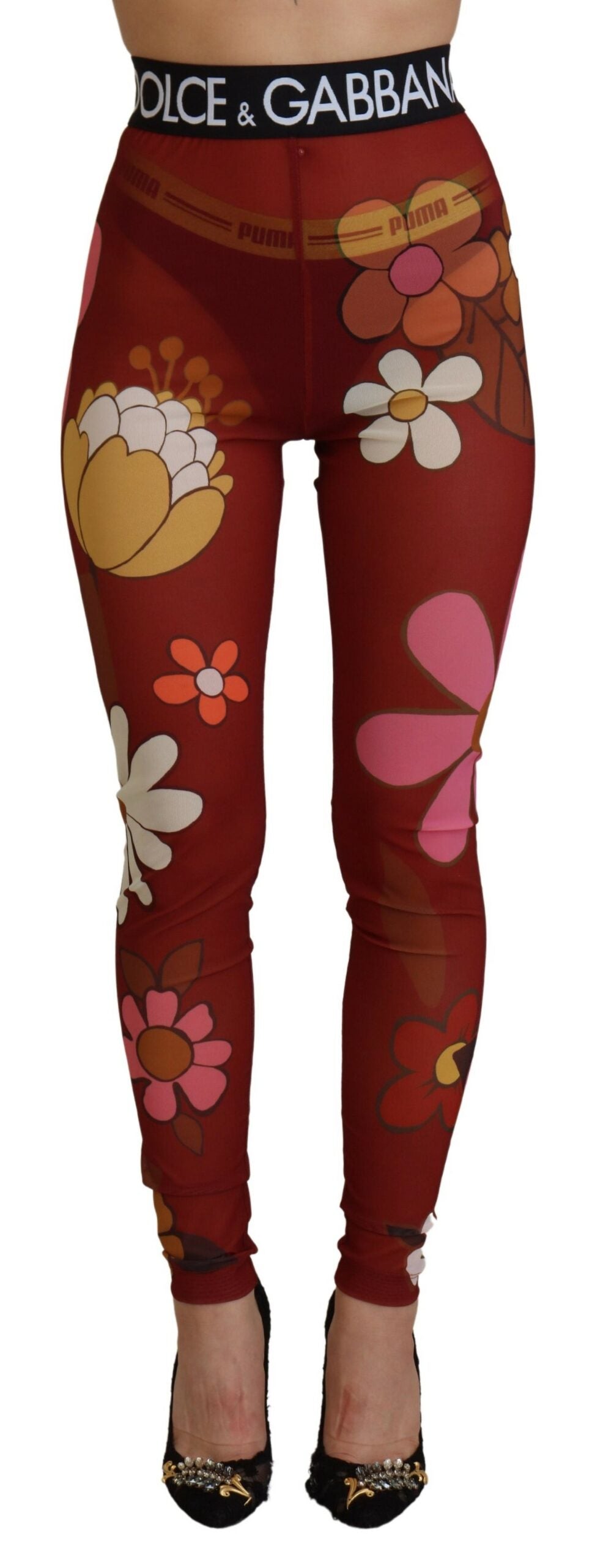 Dolce &amp; Gabbana Rote Leggings mit Blumenmuster und Stretchbund