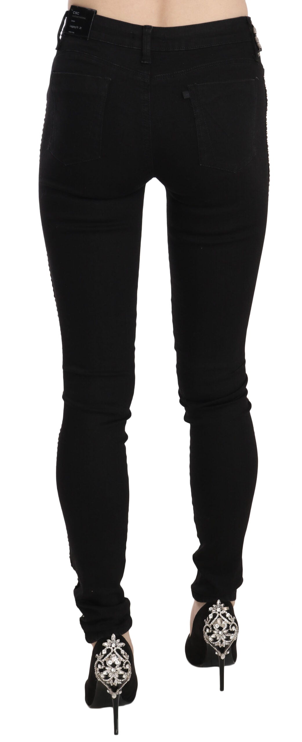 Costume National – Schwarze Skinny-Jeans mit Verzierung und mittlerer Taille