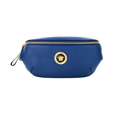 Versace – Kleine Gürteltasche aus marineblauem Kalbsleder mit Medusa-Anhänger