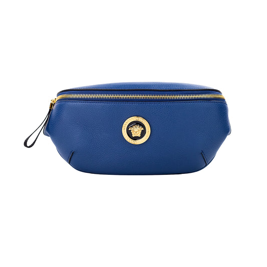 Versace – Kleine Gürteltasche aus marineblauem Kalbsleder mit Medusa-Anhänger