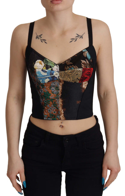 Dolce &amp; Gabbana Schwarze Patchwork-Bluse Sicily mit Korsett-Crop-Top