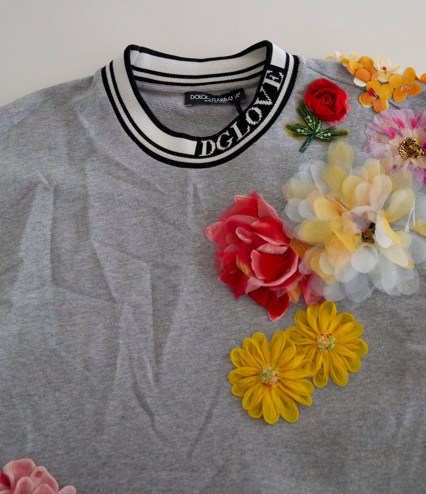Dolce &amp; Gabbana Grauer Pullover mit Blumenmuster DG Amore Queen