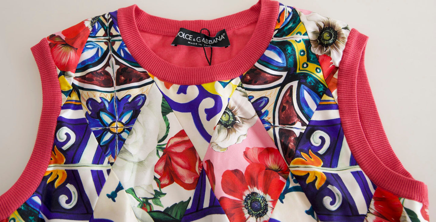 Dolce &amp; Gabbana – Mehrfarbiges Tanktop mit Rundhalsausschnitt und Majolika-Blumenmuster